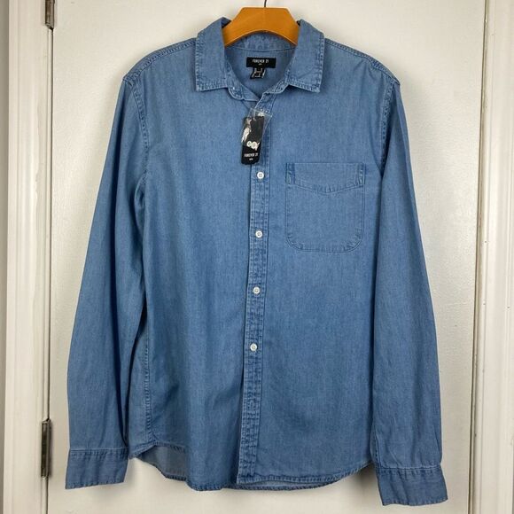 Forever 21 Other - Forever 21 Men’s Blue Button Down Denim Shirt Long Sleeve 100% Cotton sz S NWT